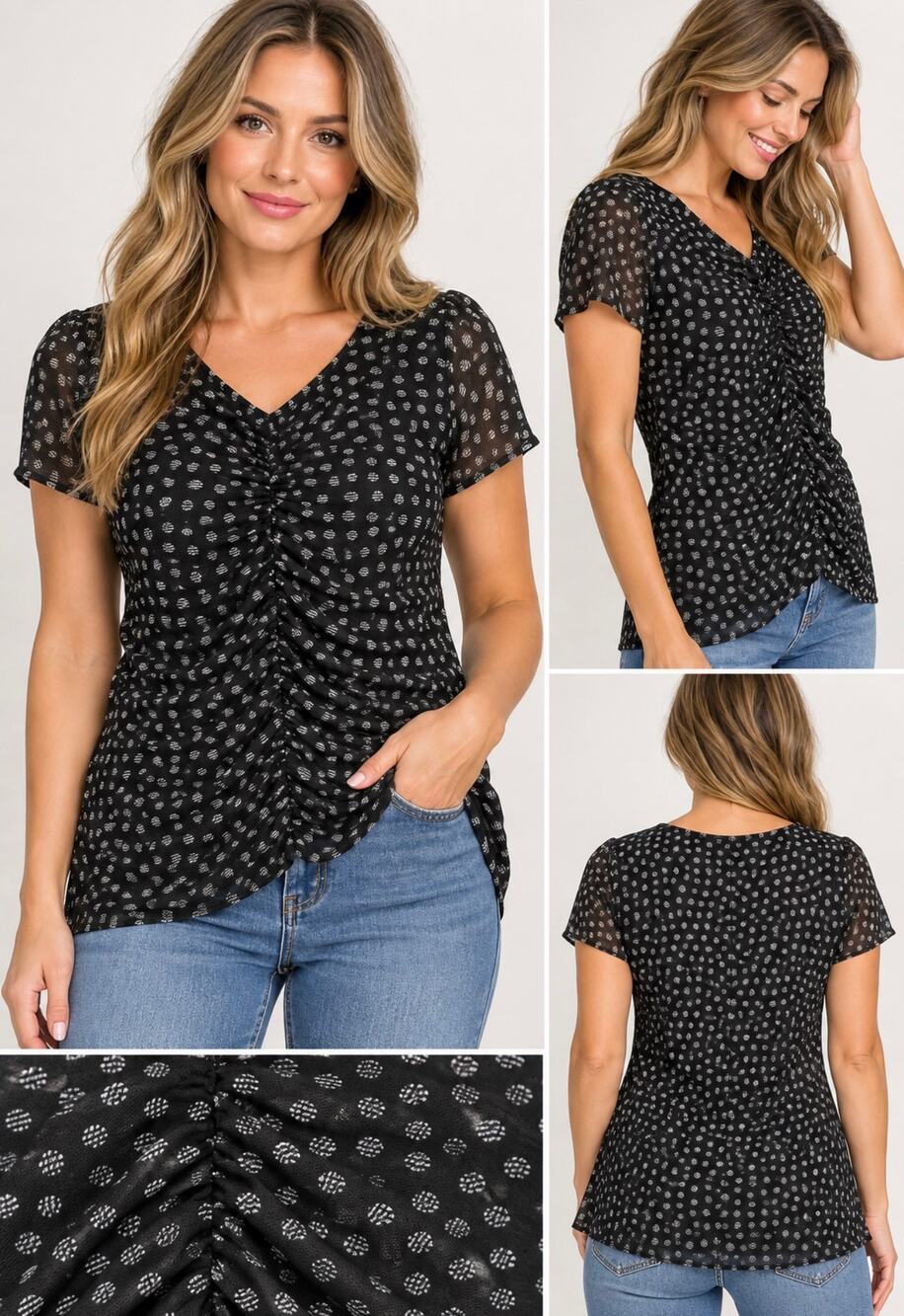 Nine West Black White Ruched Mesh Top Medium NWT Y2K Polka Dot Sheer